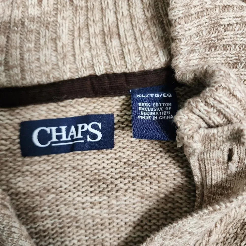 Chaps Mens Sweater XL 1/4 Zip Tan 100% Cotton Corduroy Elbow Patches